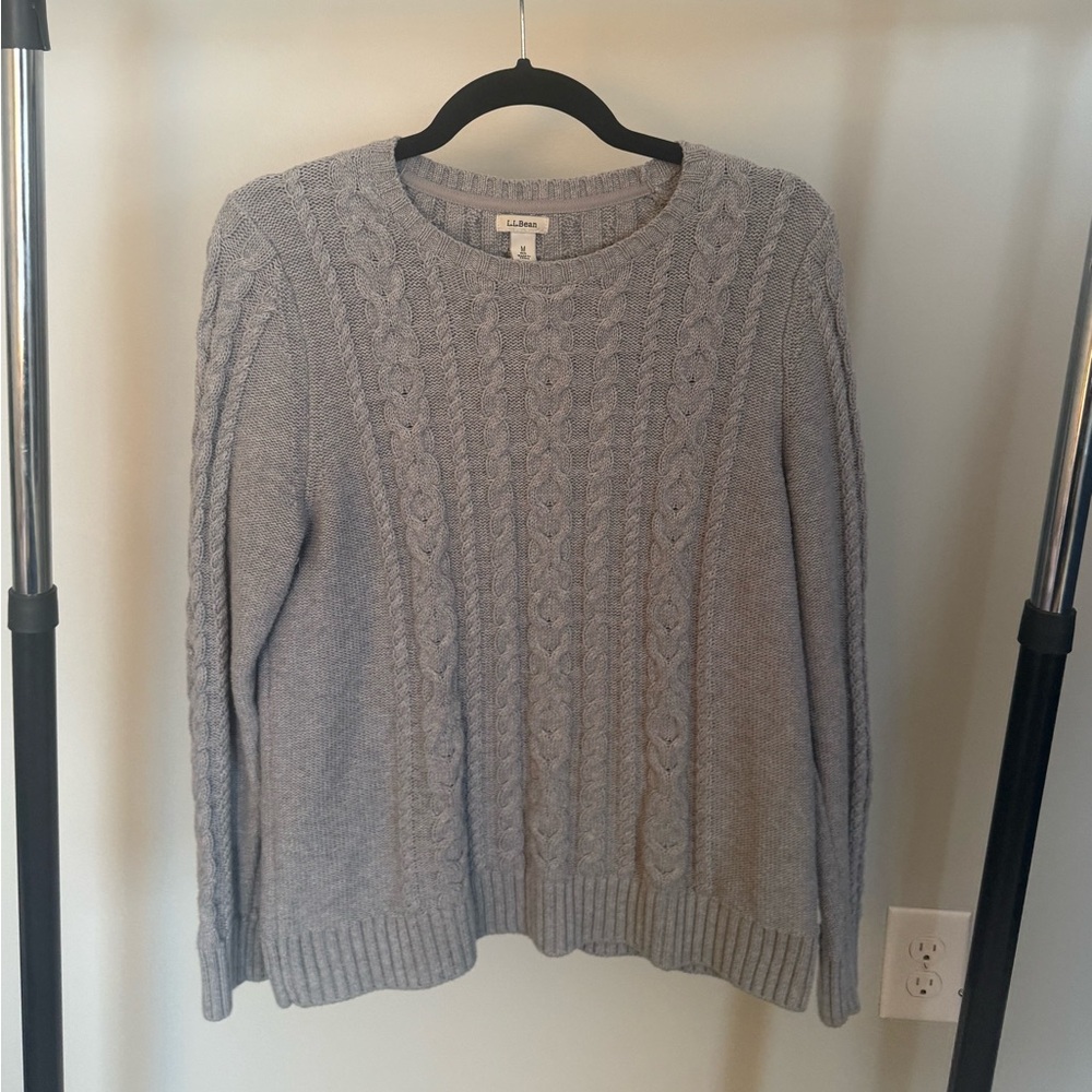 LL Bean Women's Sweater M gray CABLE KNIT COTTON NAUTIC FISHERMAN